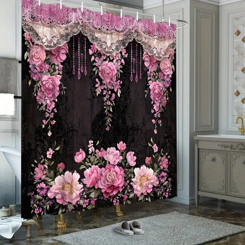 Luxury Floral Pattern Shower Curtain Pink Roses Lace Trim Bathroom Shower Curtain Waterproof Shower Curtain