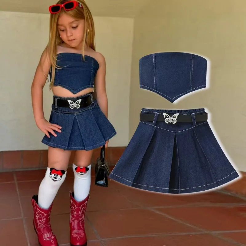 Children's Summer Set Girls Fashionable Sleeveless Strapless Denim Top+pleated Skirt Bow Belt 3-piece Set 2-6Y