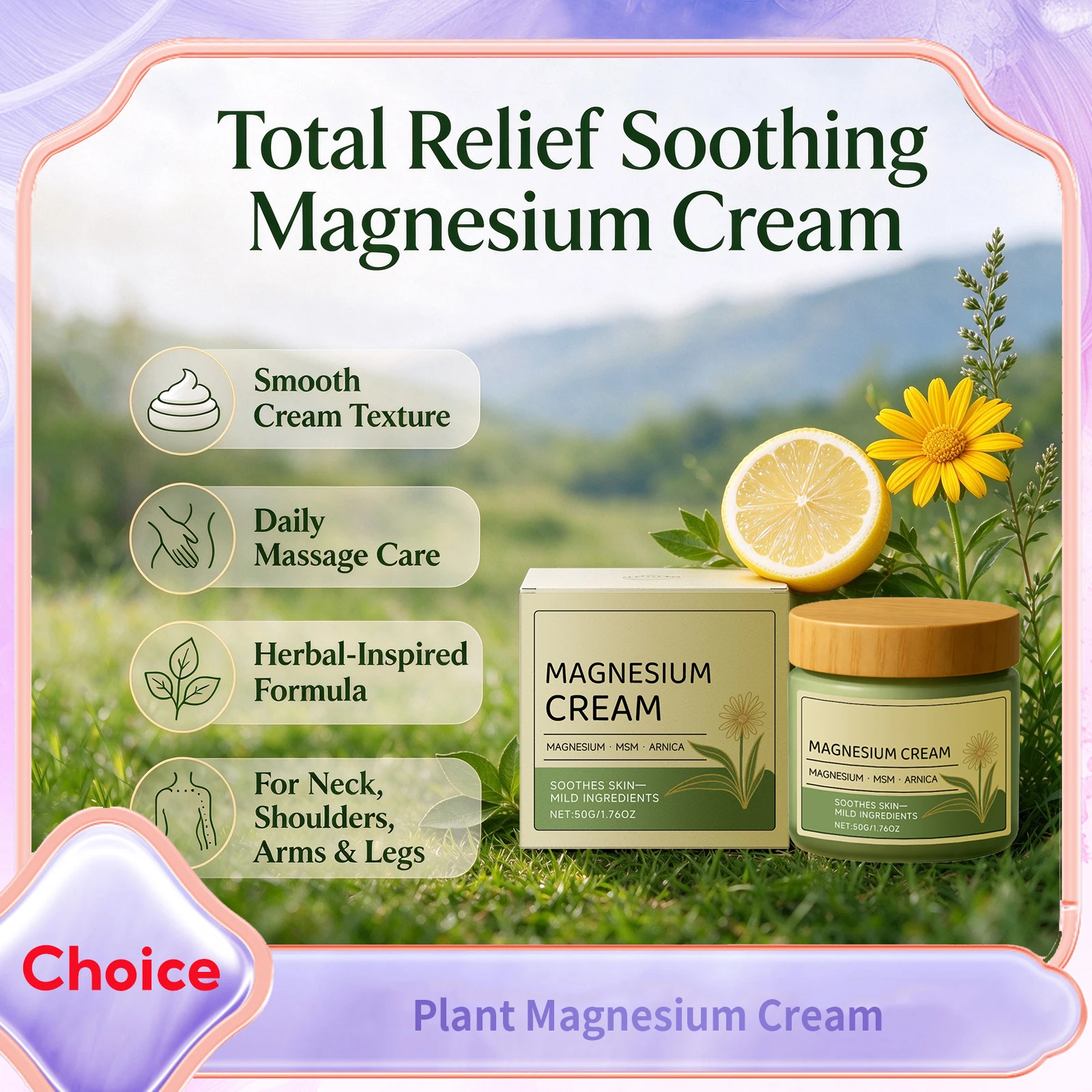 Botanical Total Relief Magnesium Cream Arnica Soothing Joints Legs Muscle Relaxation Fast-Absorbing Chloride Nerve Relief Lotion