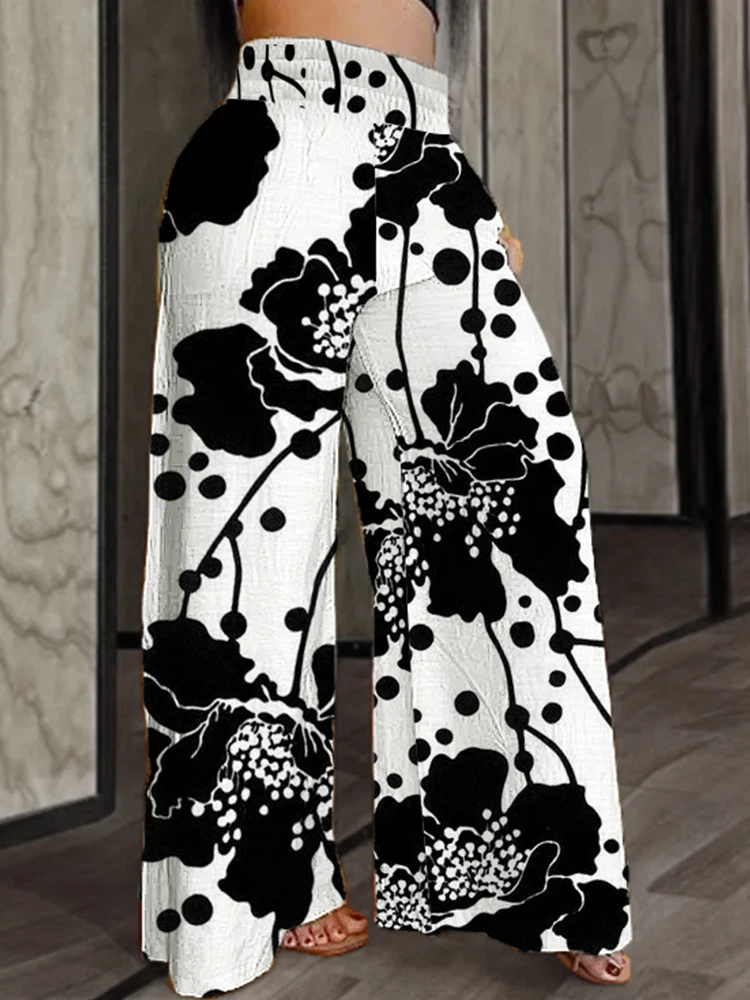 Women Plus Size Wide Leg Pants Elastic High Waist Loose Fit Abstract Print Pants Casual All-Season Trousers Female Streetwear