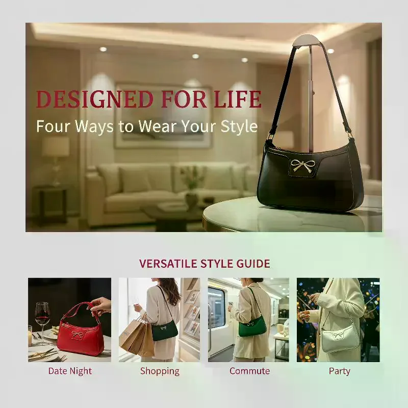 PU Leather Underarm Shoulder Bag With Sweet Bow Decor Various Color Choices For Daily Shopping Casual Outings Weekend Trips