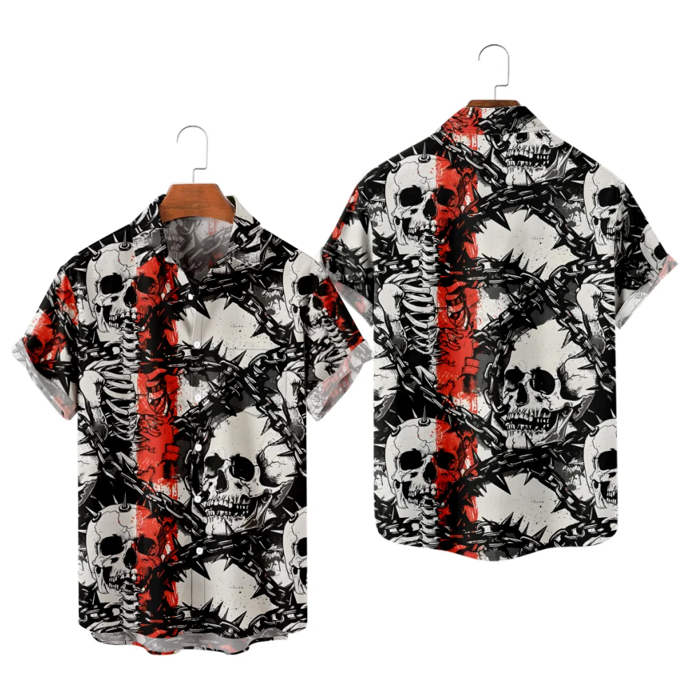 

Casual Shirts for Men Cool Skull Print Patchwork Short Sleeve White Tops Summer Vacation Patry Wear Button Shirts