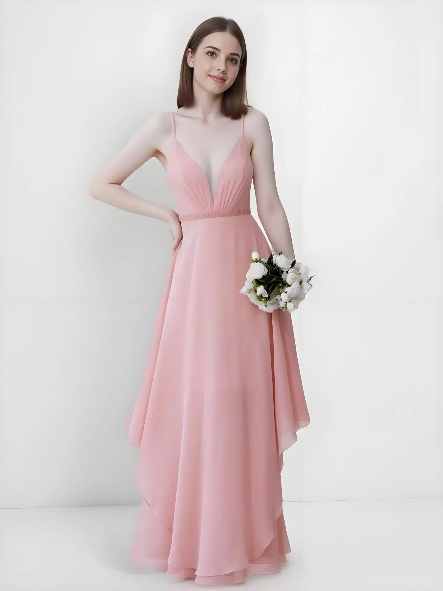 

Beshinel Customized Pink Backless Pleated Chiffon Bridesmaid Dress 2025 Spaghetti Straps Sleeveless Evening Dresses Elegant
