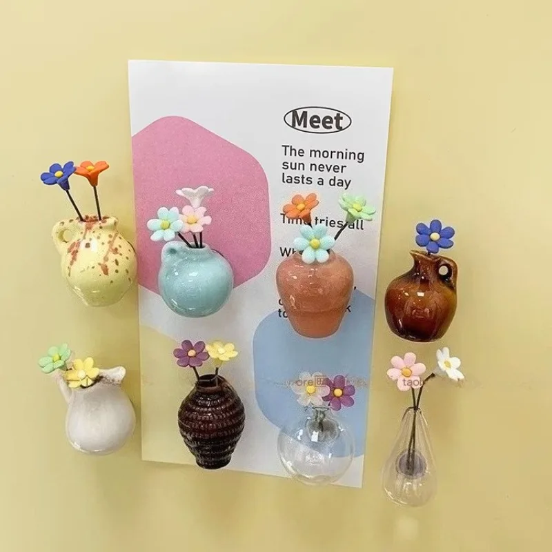 Cute Mini Ceramic Vase Magnetic Refrigerator Sticker 3D Relief Decoration Home Refrigerator Sticker Decoration Creative Gift