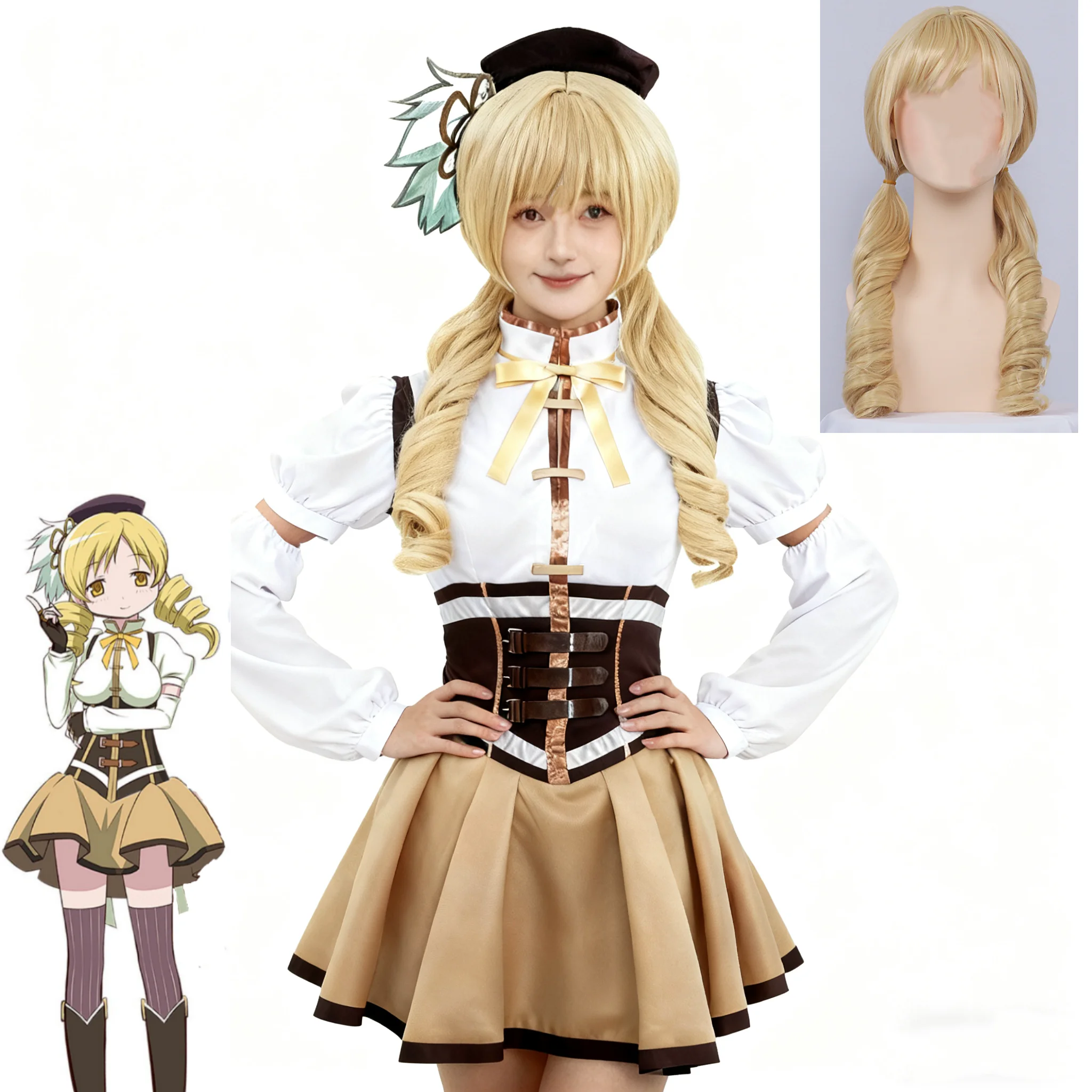 

Anime Puella Magi Madoka Magica Tomoe Mami Cosplay Costume Clothes Wig Dress Hat Uniform Set for Girl Halloween Role Play Party