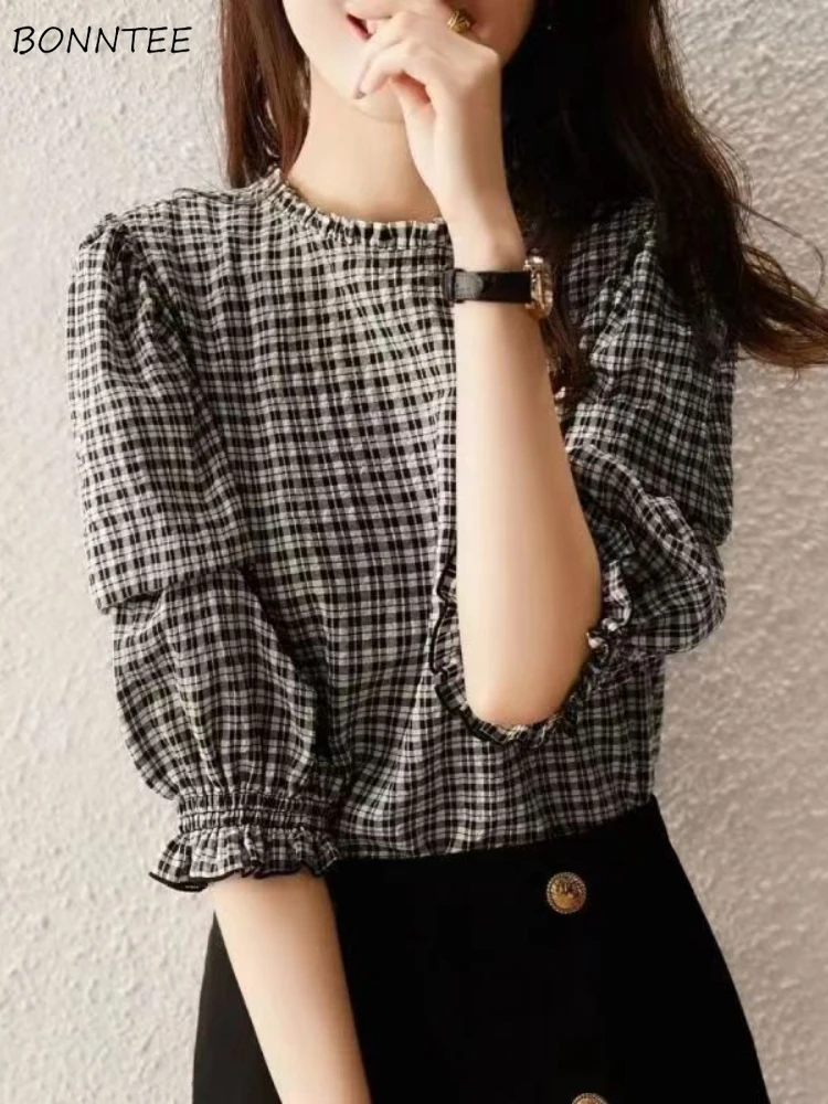 Plaid Blouse Women Puff Sleeve Tops Vintage Casual Soft Panelled Versatile Temper Office Lady Fashion Blusas Mujer French Style