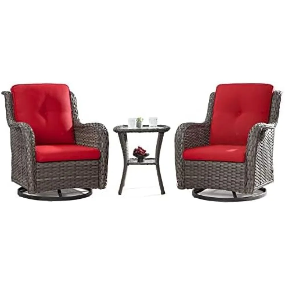 Outdoor 360 Degree Swivel Rocker Patio Chairs Sets of 2 and Matching Side Table - 3 Piece Patio Wicker Glider Chairs with Olefin