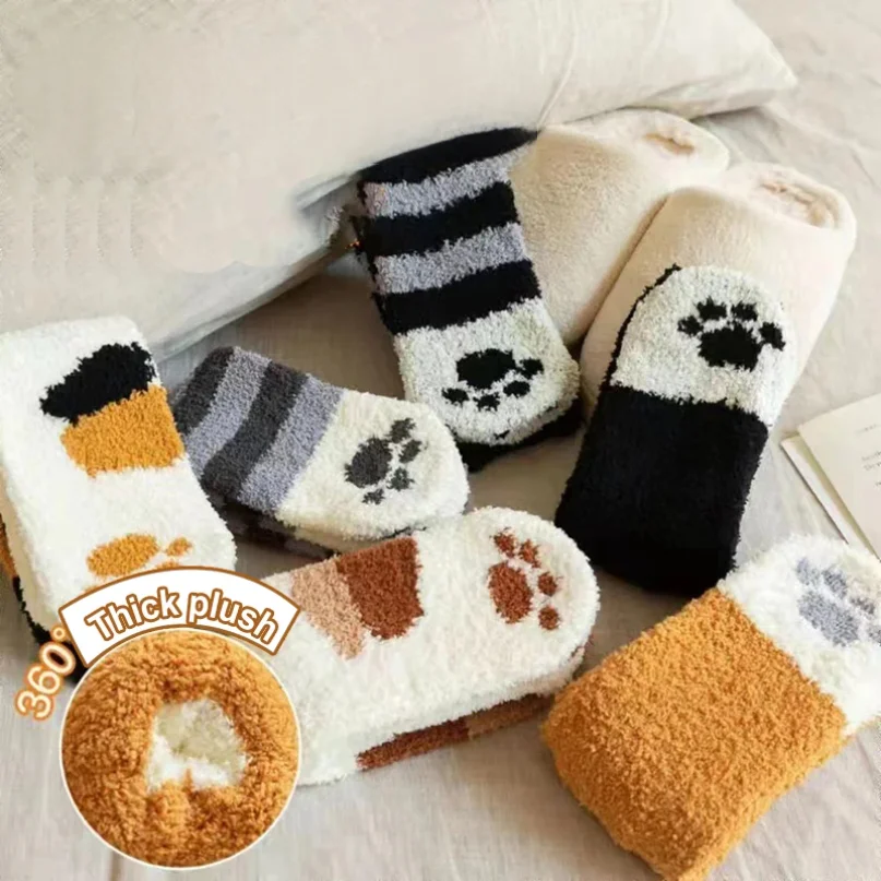 

1 пара женских осенне-зимних толстых теплых носков с рисунком кошачьей лапы, удобные впитывающие пот повседневные носки из кораллового флиса