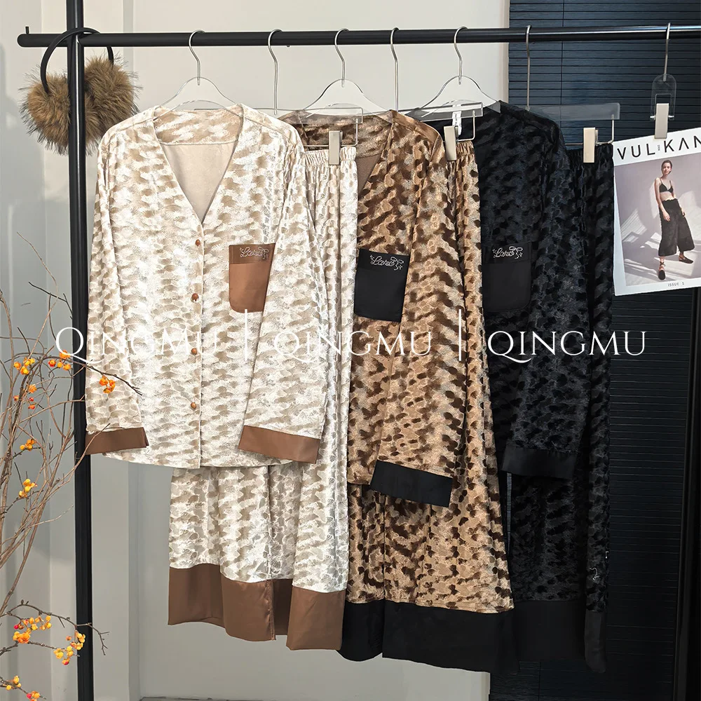 

Fashion Velvet Jacquard Pajamas Set Women Sleepwear Autumn Winter Velour Homewear Pijamas Suit Loose V-neck Lounge Wear Pyjama