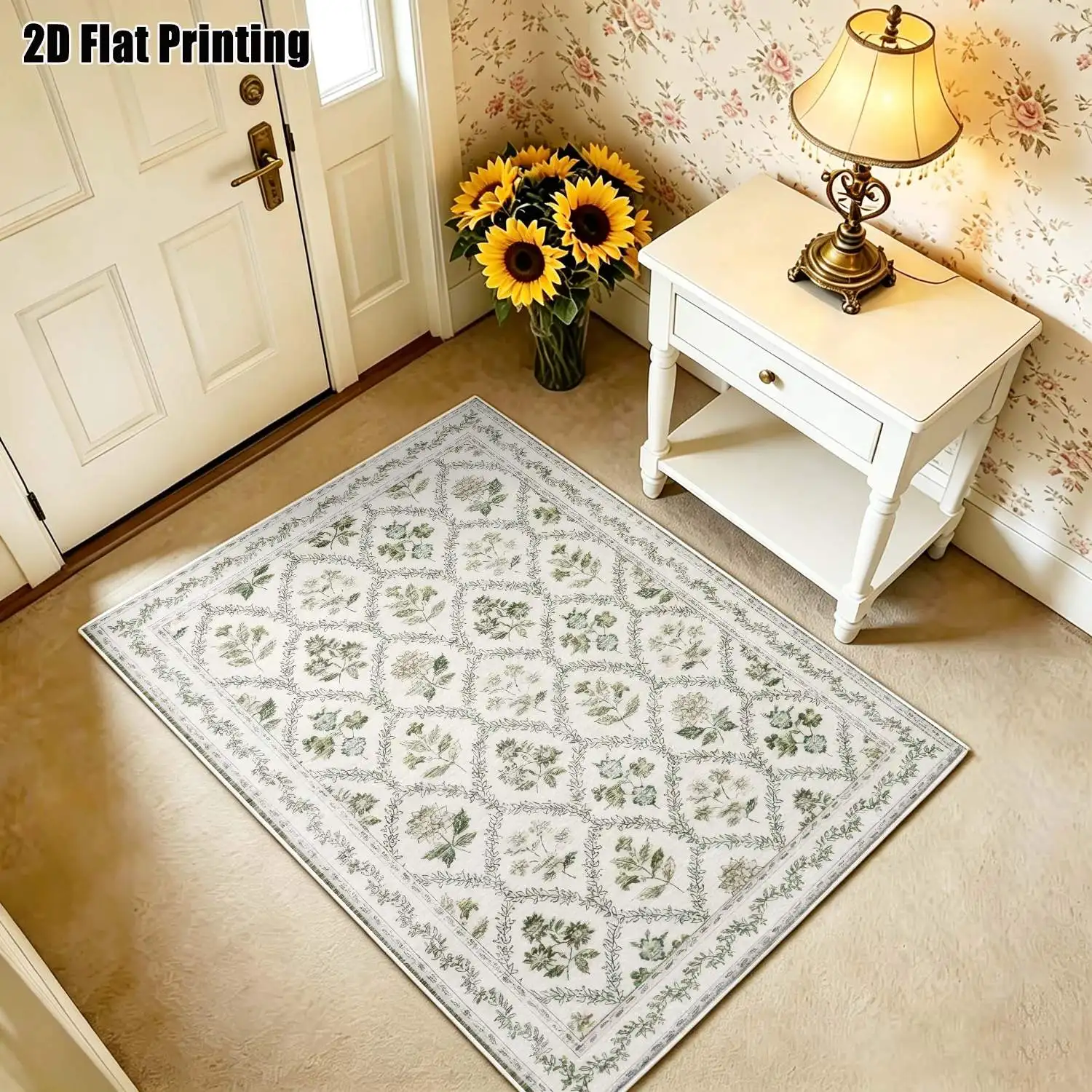 1Pc 2D Printed Velvet Carpet with Green Plant Patterns, Nordic/Instagram/Modern Minimalist/Vintage Style, Multi-Size Machine Washable Home Decor Floor Mats for Entryway, Dining Room, Foyer, Living Room, Bedroom, Study