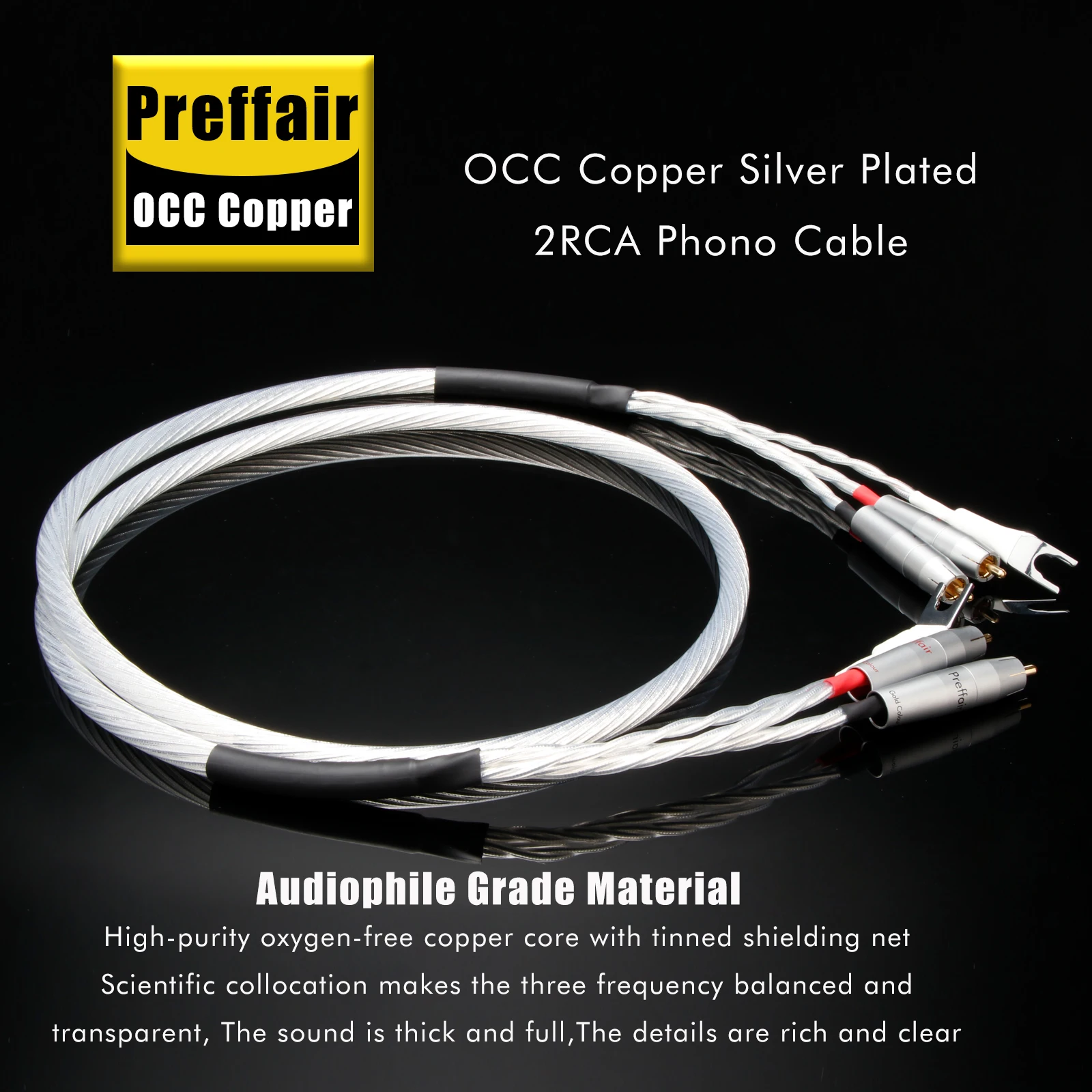 Preffair HiFi Audio Phono Tonearm Cable OCC Silver Plated 2RCA Cable with Ground Wire LP Vinyl Chassis Record Player Amplifier