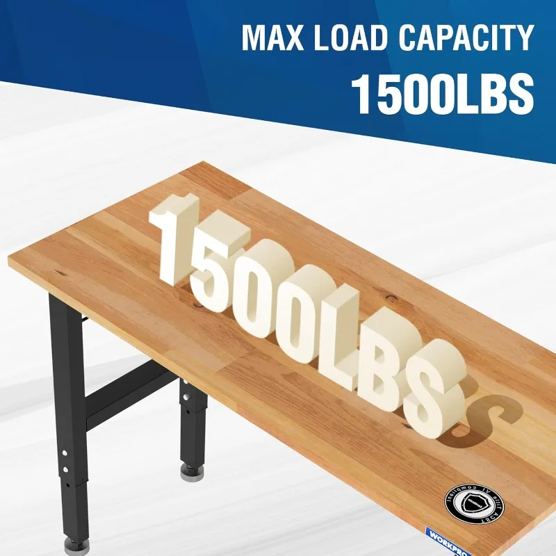 WORKPRO Adjustable Garage Workbench, 48"x22" Rubber Wood Top Heavy-Duty Work Desk with Power Outlets, Leveling Foot, 5 Heights