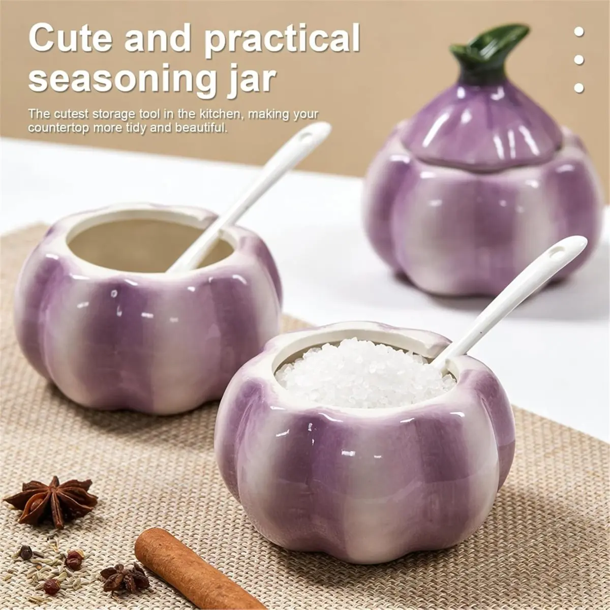Ceramic Salt Container,Onion Shaped Salt Cellar ,Salt Cellar with Lid and Spoon,Multi-Purpose Kitchen Spice Container