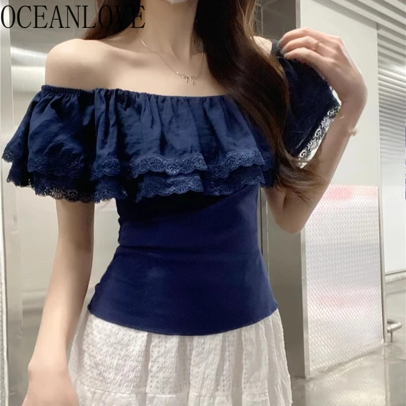

OCEANLOVE кружевная футболка с оборками для женщин, однотонная футболка с разрезом на шее, весна-лето, ретро, Ropa De Mujer, корейская мода, тонкие короткие футболки