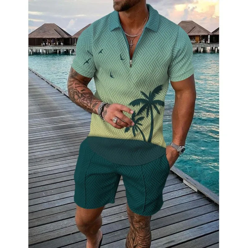 

Hawaiian Coconut Tree Print Men's Sets Fashion Zip Polo Short Sleeve Top +Shorts Outfit Summer Beach Vacation Oversized Tee Suit