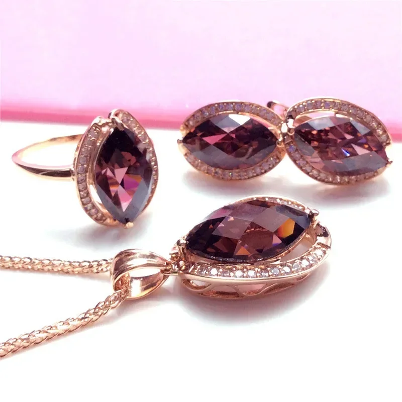 585 Purple Gold Plated 14K Rose Gold Classic Crystal Oval Ruby Jewelry Sets New Evening Light Luxury Necklace Ring for Women