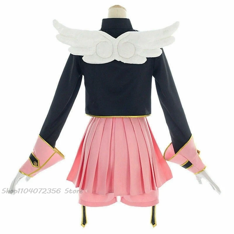 Anime Cardcaptor Sakura Kinomoto Sakura Pink Dress Cosplay Costume Uniform Complete Outfit Cane Props For Cosplay