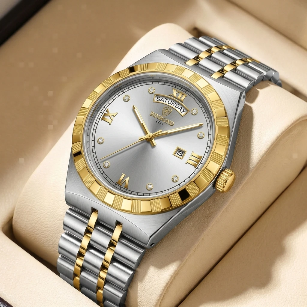 

1pc Men's Two-Tone Metal Strap Watch with Roman Numerals, Day-Date Display, Simple Business Style, Fashionable and Versatile