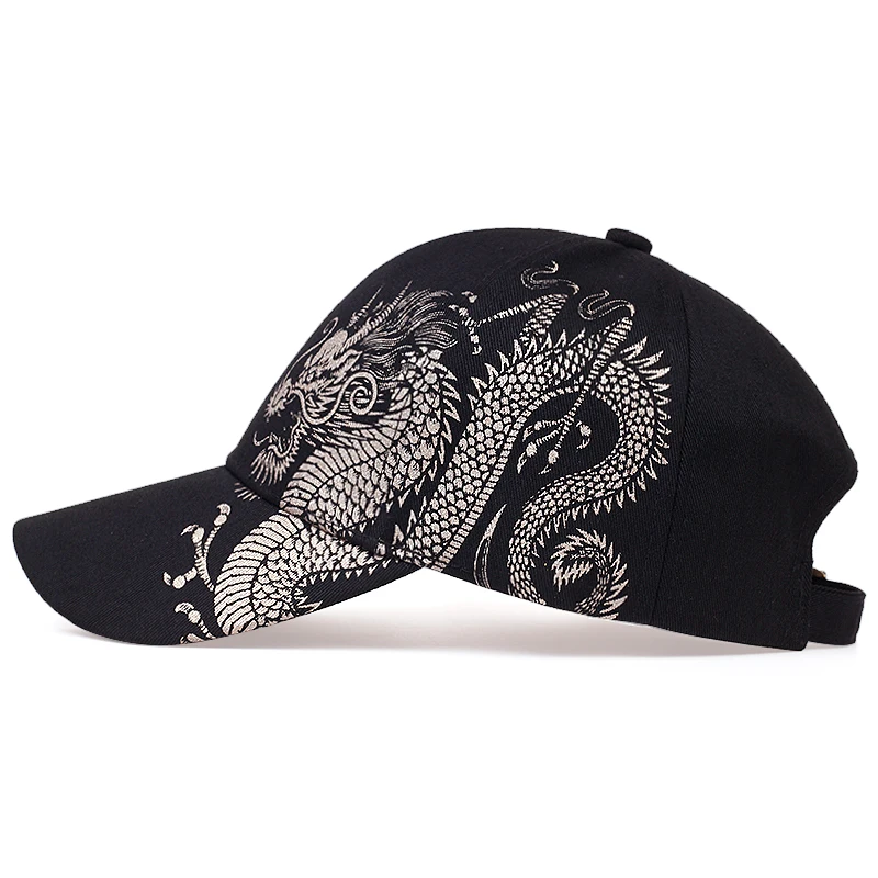 Baseballowy Unisex czapka czarna regulowana czapka w stylu chińskim nadruk ze smokiem dorywczo czapki z prostym daszkiem kości czapka hip-hopowa