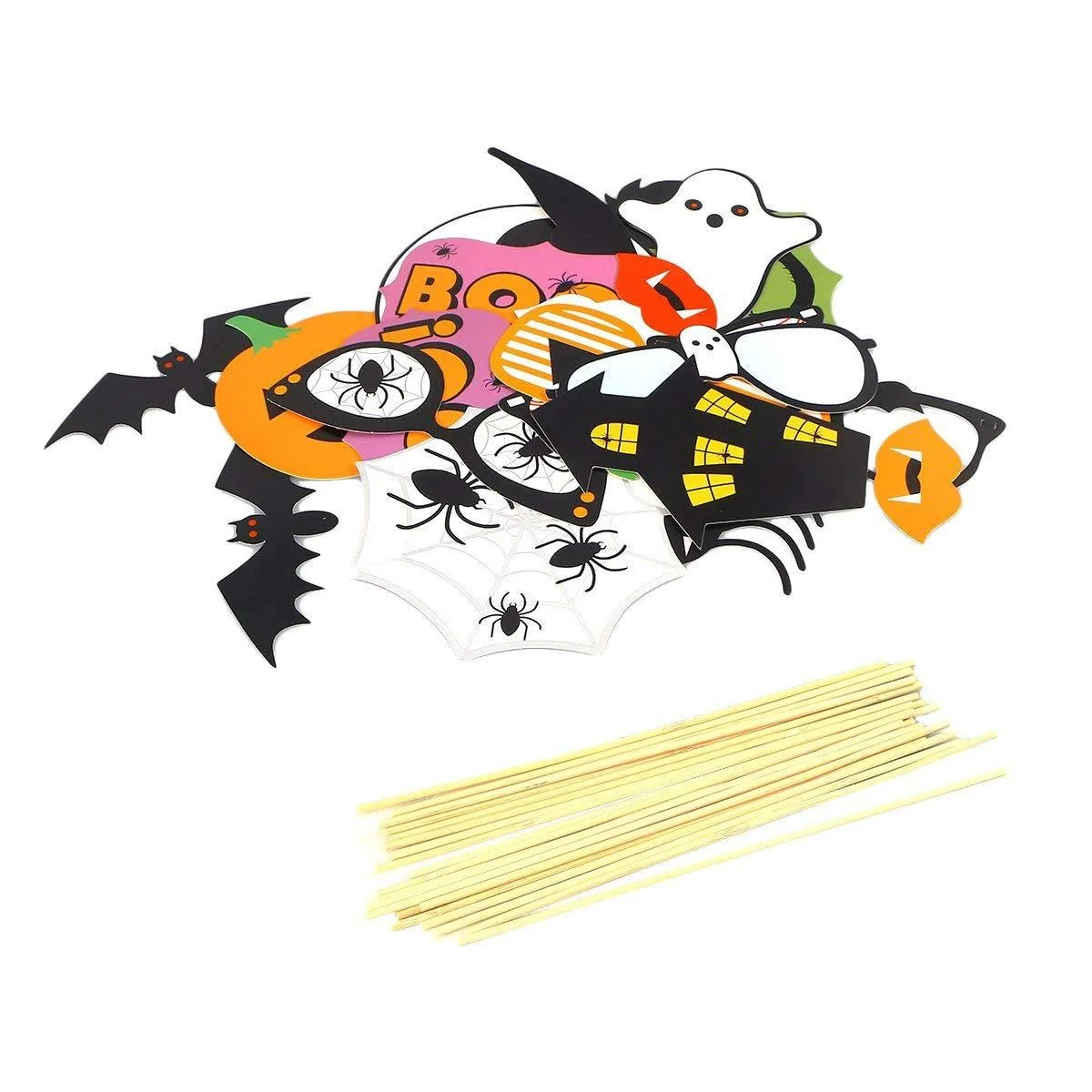 Halloween Photo Booth Props Set with Pumpkin, Ghost, Bat, Witch Hat, Spider and Skull Signs description 5