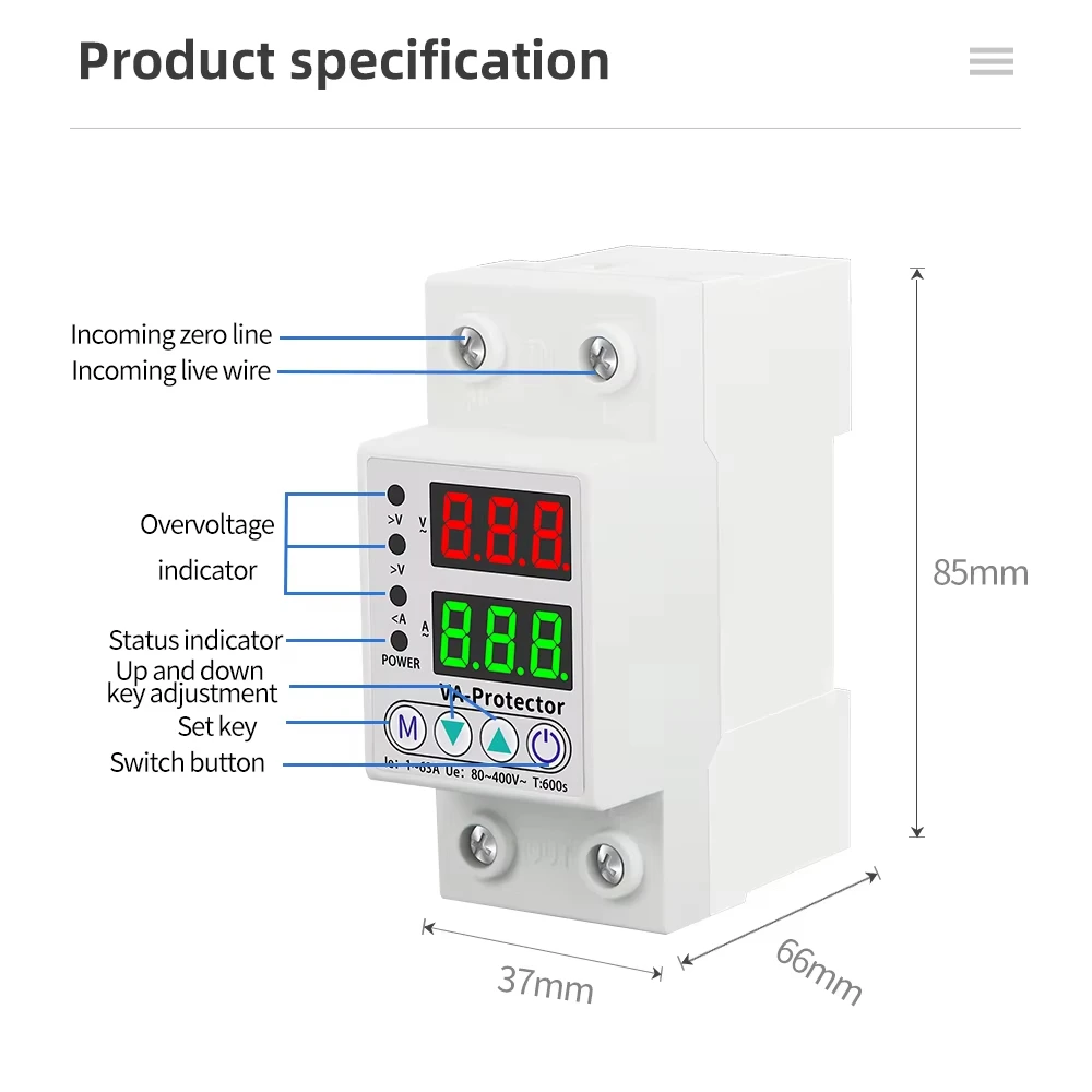 Voltage Protector 220V 40A 63A Din Rail Over Under Voltage Relay Adjustable Dual Display Surge Protection Device
