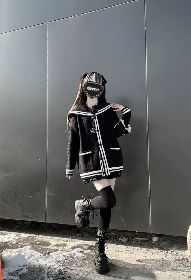 

Japanese Gothic Black Sweater Sailor Collar Knitted Cardigan Subculture Mine Series Lolita Cardigans Sweet Patchwork Cardigan