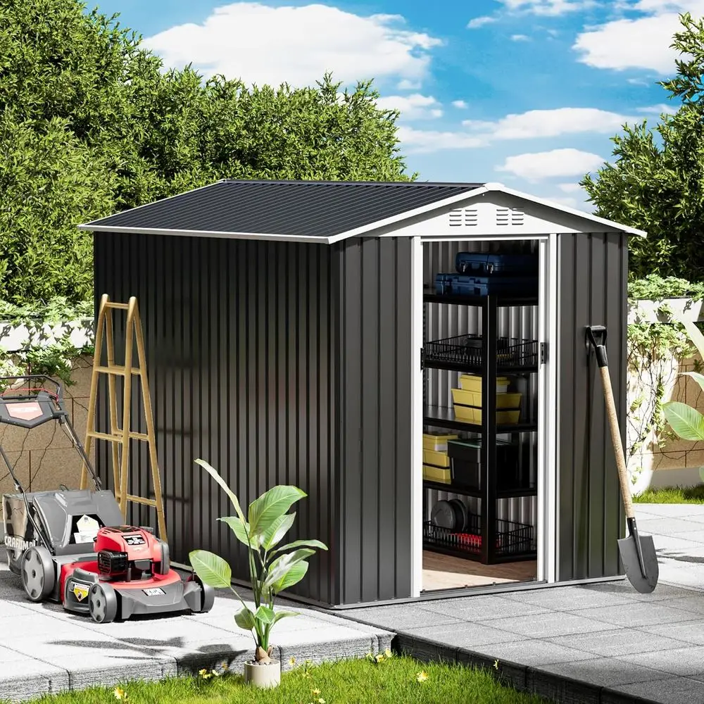 

Grey Outdoor Garden Storage Shed with Lockable Doors and Sloping Roof