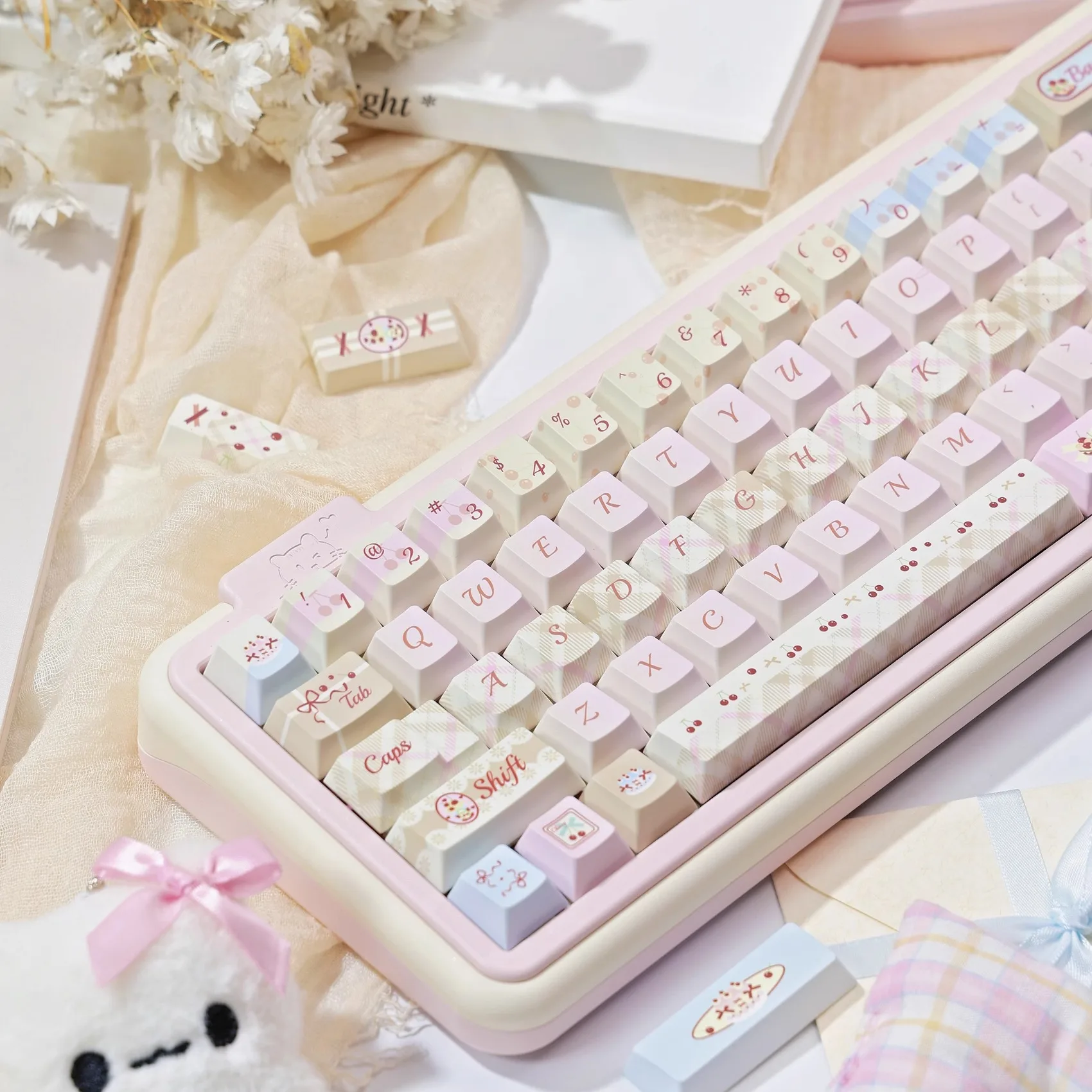 Cherry Milk Tea Theme Keycaps Set PBT Cherry FOA Profile 145key Custom Original Handmade Keycaps for Mechanical Keyboard Gift