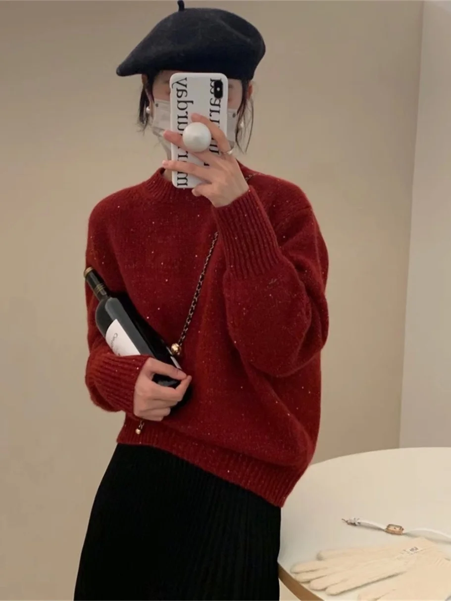 

Свободный большой корейский свитер из пряжи с цветочным узором Evening Star F Home Luxury Feel Commute Sle Long Sve Roun...