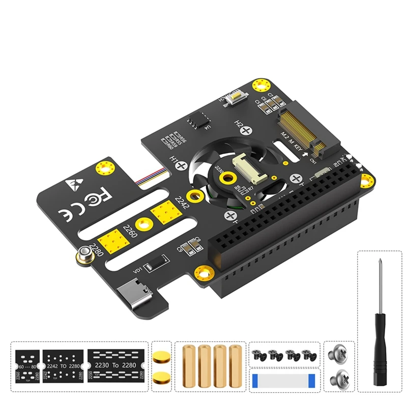 For Raspberry Pi 5 Pcie To M.2 Nvme SSD HAT 3IN1 Adapter Board For 2230 2242 2260 2280 M.2 Nvme SSD