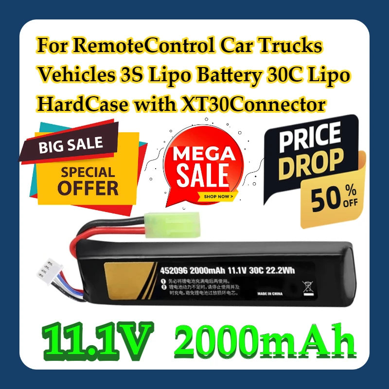 

For RemoteControl Car Trucks Vehicles 3S Lipo Battery 11.1V 30C 2000mAh Lipo HardCase with XT30Connector