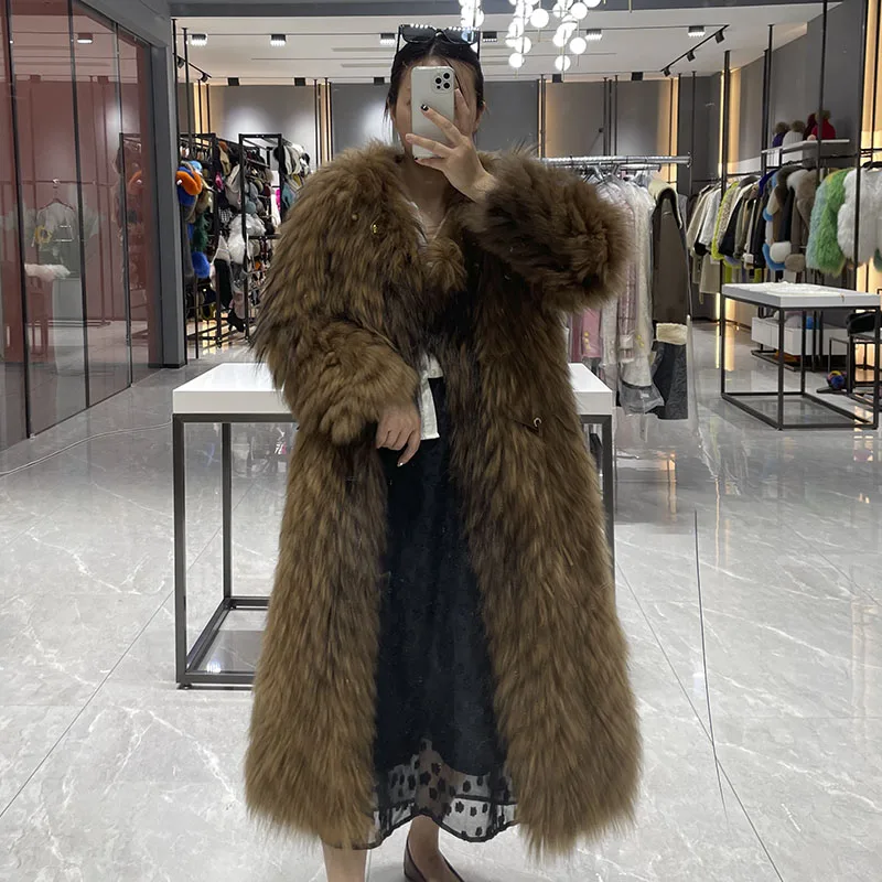 Women Winter Real Raccoon Fur Jacket Long Coat Thick Warm Natural Fur Coat Lady Outerwear Fashion Jacket JFB2-24004