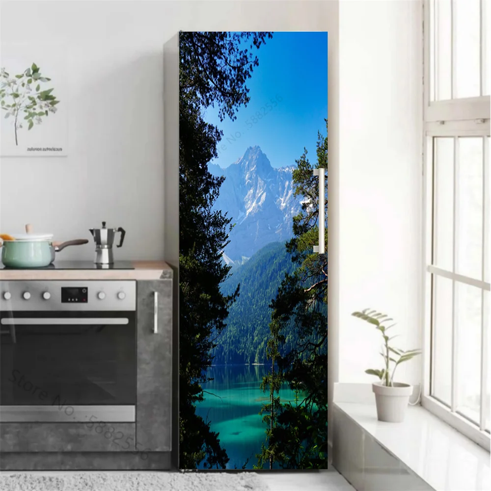 Natural Sunset Ocean Printed Refrigerator Door Sticker Decor Waterproof Plain Wallpaper Wave Fridge Cabinet Door Wrapping Decals