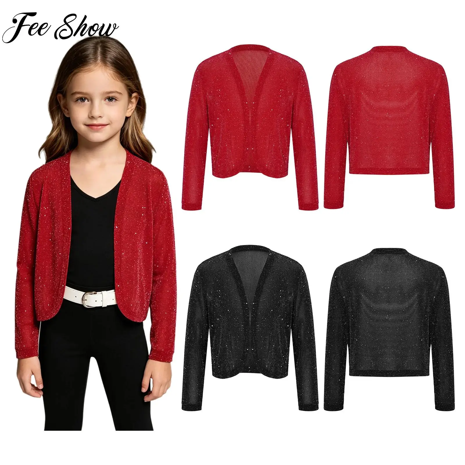 

Kids Girls Shimmery Cardigan Coat Tops Long Sleeve Open Front Bolero Casual Outerwear for Birthday Party Stage Performance