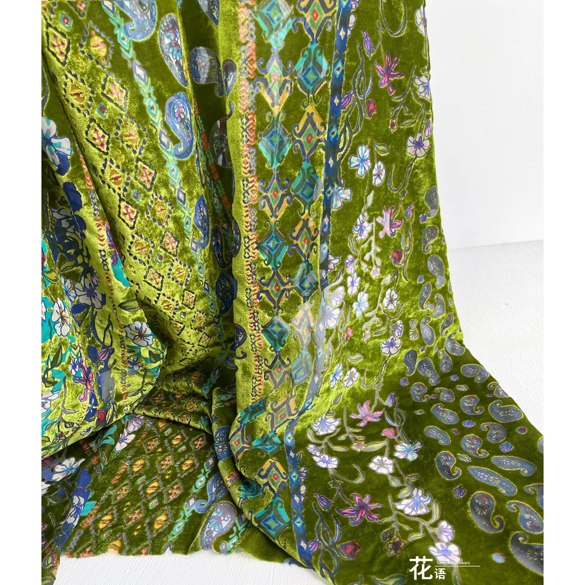 Green Floral Flocked Rayon Designer Fabric Vintage Pattern for Skirt Making, Clothing Design and Creative Sewing Projects