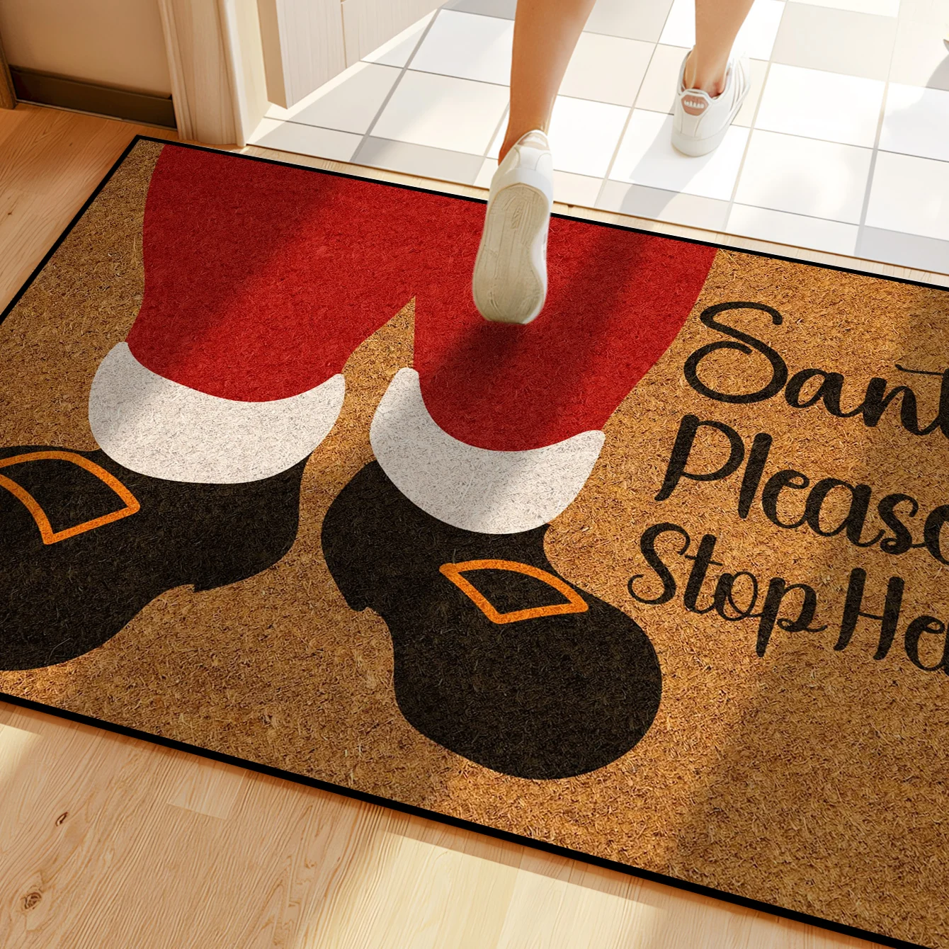 Christmas Santa Claus Print Welcome Doormat - 1pc, Non-Slip, Machine Washable, Polyester Fiber, Low Pile, Rectangular, Flame Res