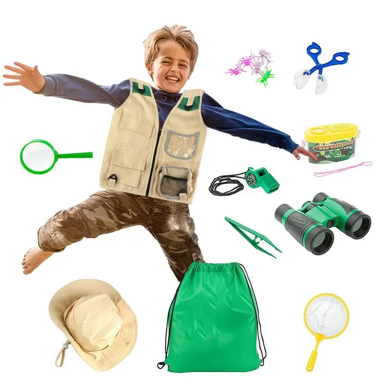 New Kids Outdoor Explorer Kit Outdoor Adventure Camping Toys For Kids Cargo Vest Hat Set Explorer Costume Khaki Playing Clothes