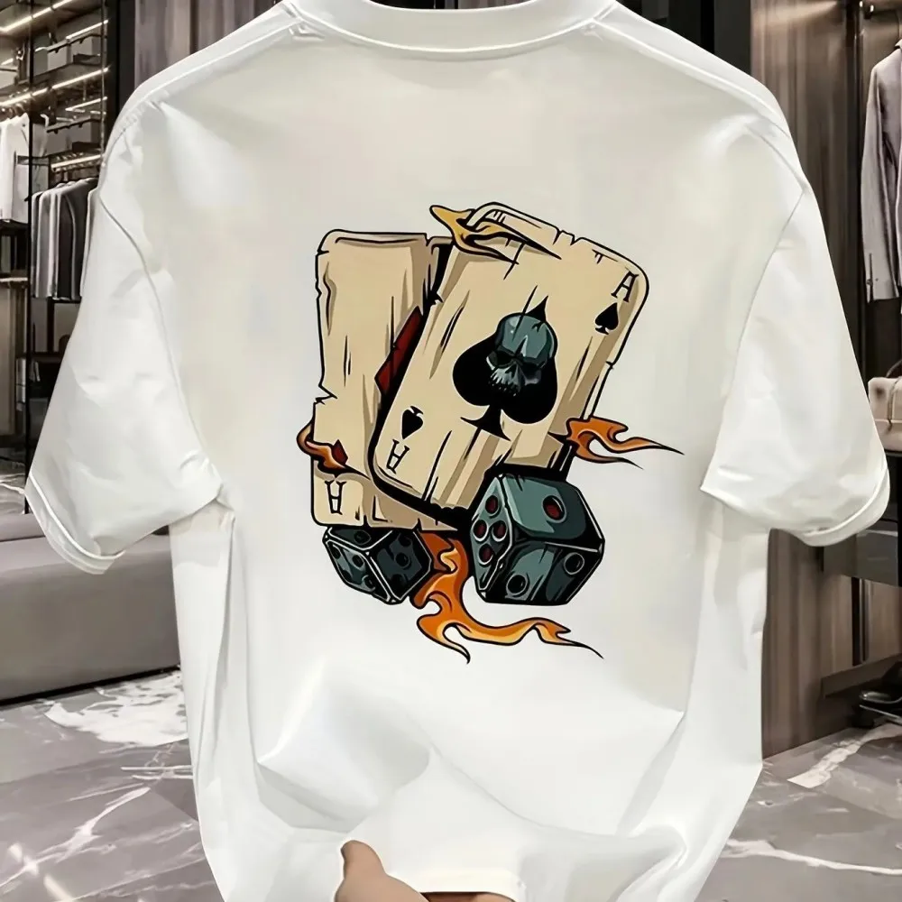Fashionable new American men's summer poker dice flame print soft and breathable round neck T-shirt outdoor street top