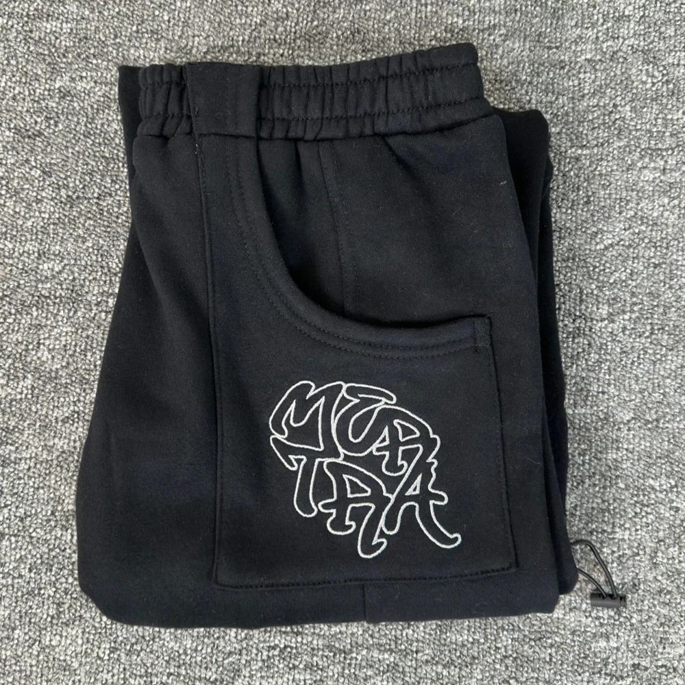 

Black Patchwork Mertra Embroidery Pants Men Women Heavy Fabric Unisex Trousers Jogger Drawstring Sweatpants