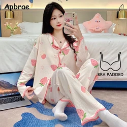 New Autumn Sweet Strawberry Print Girl Pajamas with Bra Pads Long Sleeves Cardigan Pijamas Fashion Soft Woman Homewear