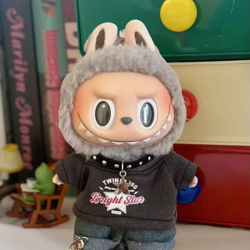 

For Labubu Clothes For 15/17cm V1 V2 V3 Plush Idol Doll Hip Hop TShirt Pants Necklace 3PCS/Pack Decoration Accessories Fans Gift