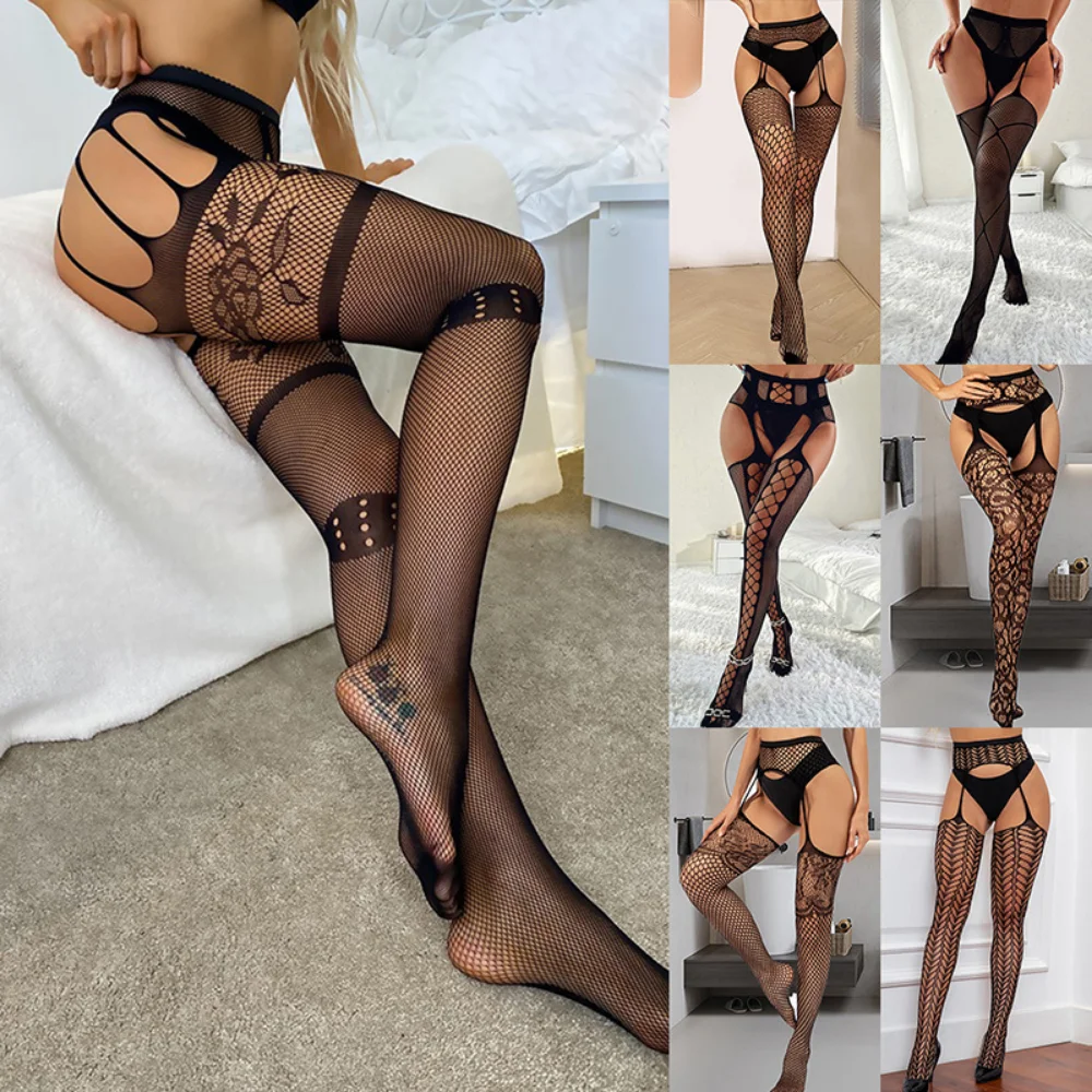 Lace Transparent Suspender Net Stockings Black Silk Sexy Fishnet Stockings Anti Slip One-piece Garter Woman Long Socks Sexy