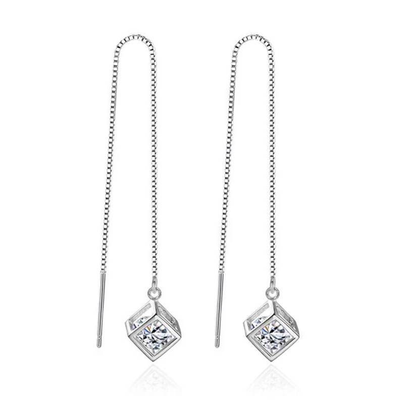 Elegant Fashion 925 Sterling Silver Cube Love Window Zirconia Sugar Drop Earrings Box Chain Long Tassel Earrings S-E238
