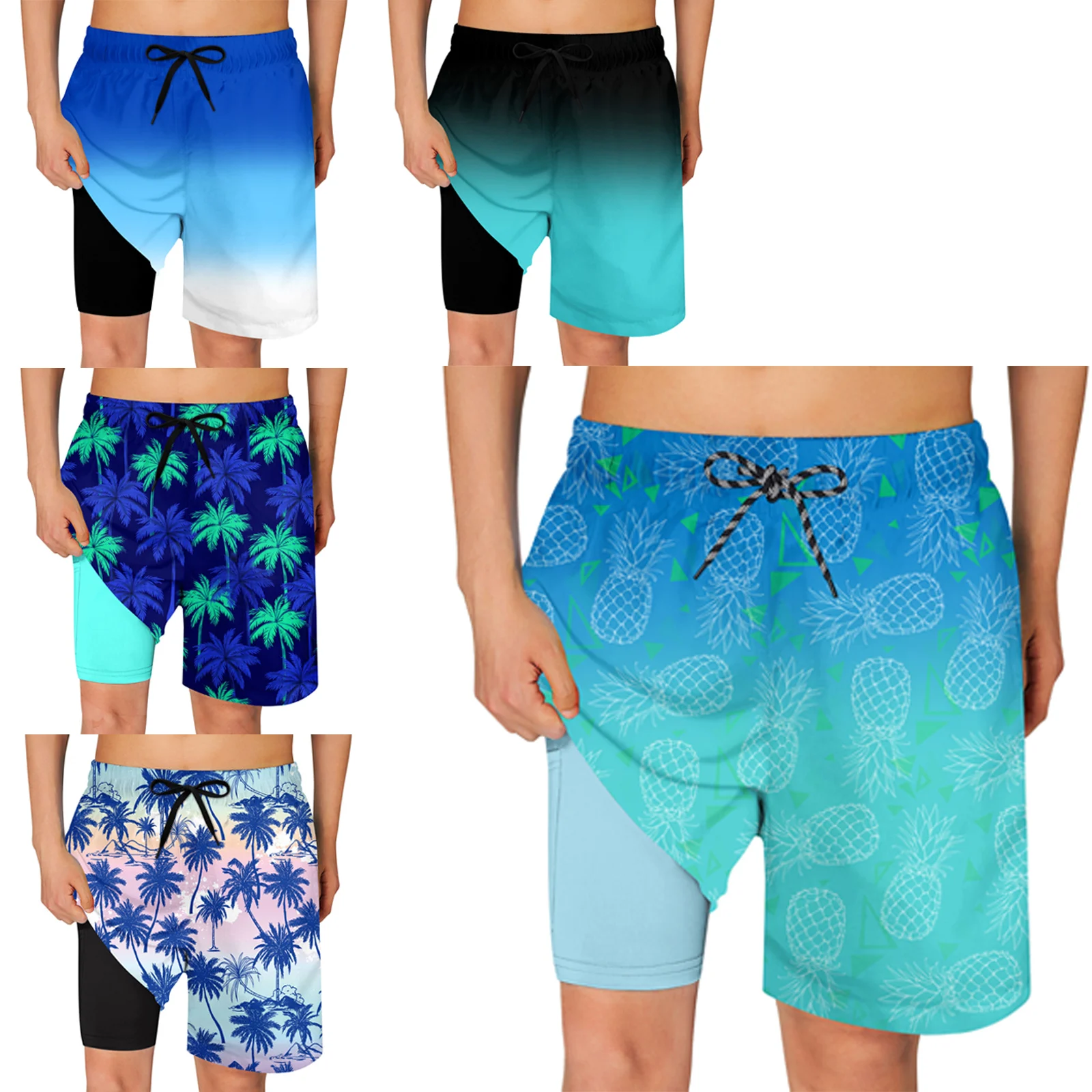 Men Swim Boxer Shorts Elastic Waistband Drawstrings 2 in 1 Swim Trunk Double Layers Tropical Print Beach Shorts Casual Shorts