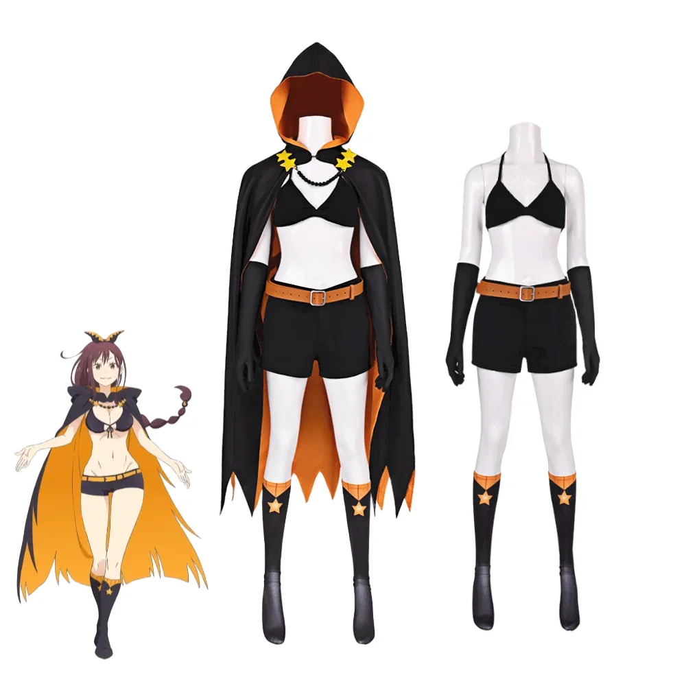 Shaula Cosplay Re Zero Starting Life in Another World Cosplay-Uniform, schwarzer dreiteiliger Anzug, Umhang, Oberteil, Hose, Kostüm für Damen