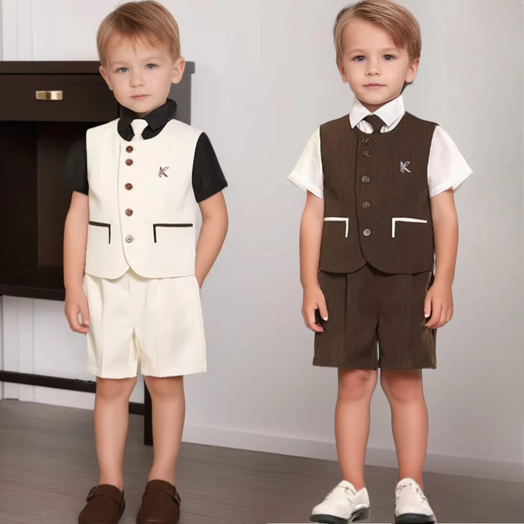 

Kids Summer Shorts Blazers Set Beige Elegant Children Birthday Photoshoot Tuxedo Outfits Age 1-12 Years Page Boy Wedding Suits