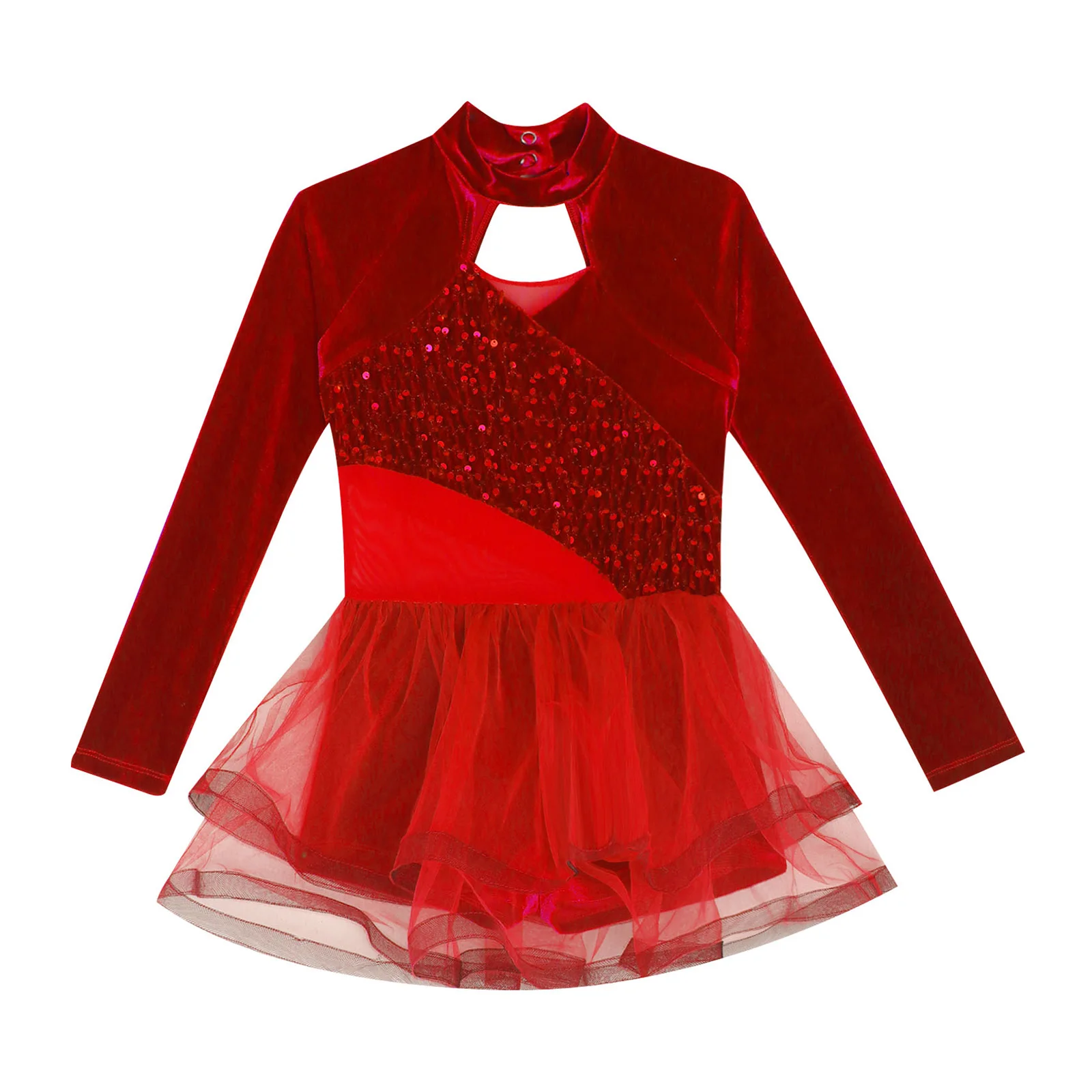 Kids Girl Ballet Dress Long Sleeve Shiny Sequin Velvet Mesh Leotard Tutu for Lyrical Dance Figure Skating Gymnastics Performance