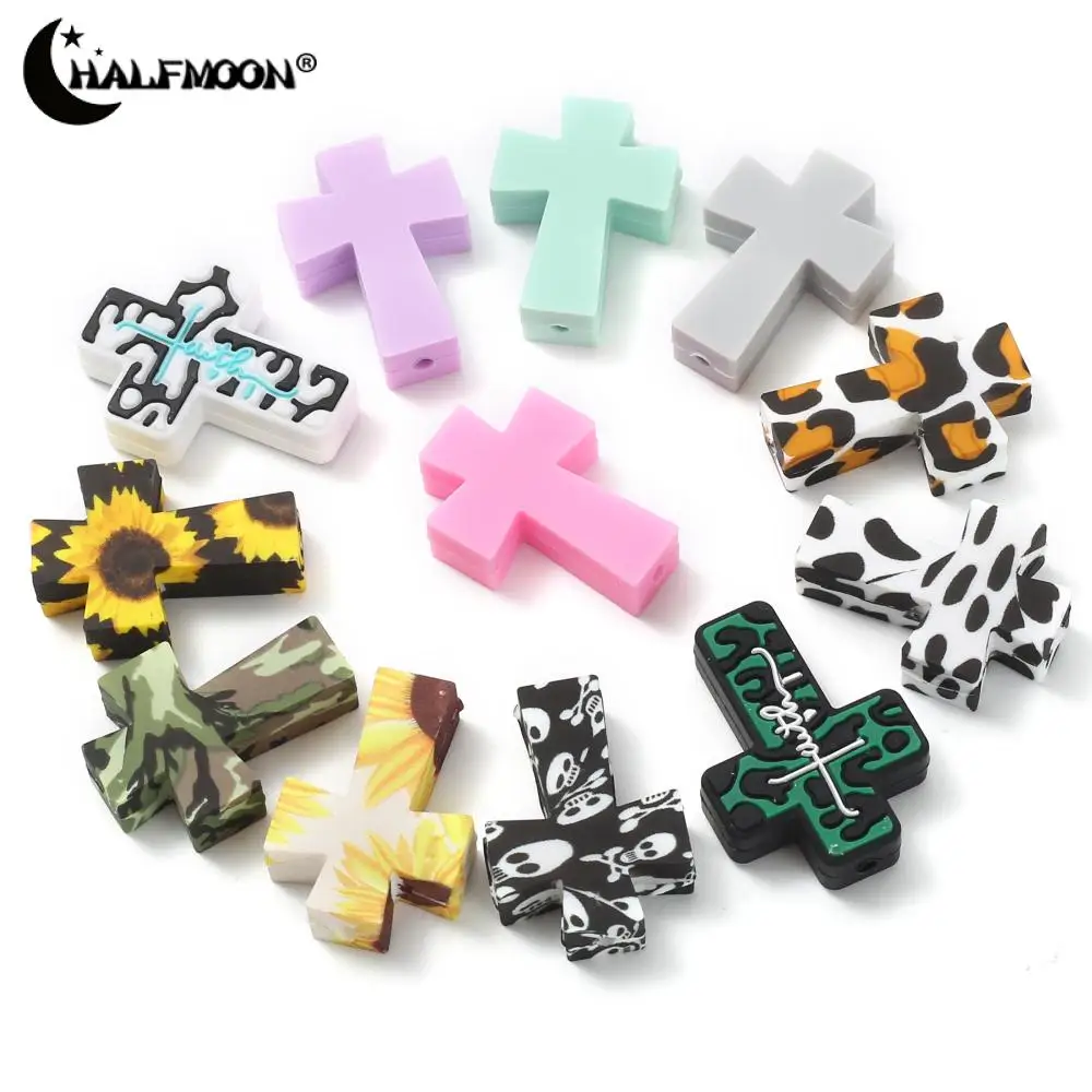 10Pcs 22x31mm Colorful Cross Shape Silicone Beads Print Leopard Teether Bead Handmade Jewelry Making DIY Necklace Pacifier Chain