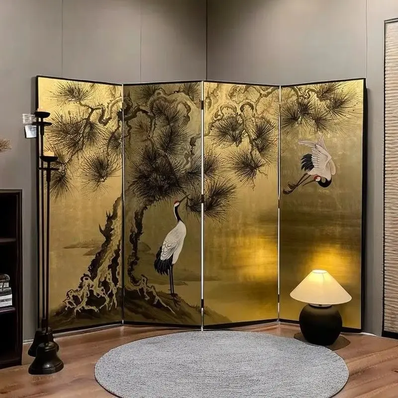 Chinese hand-painted screen lacquer painting crane Shoulu gold foil screen living room partition