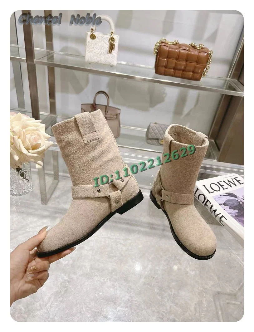 Black Leather Round Toe Ankle Boots Solid Flats Round Buckle Winter Women Shoes 2024 New Arrivals Fashion Luxury Design Fashion